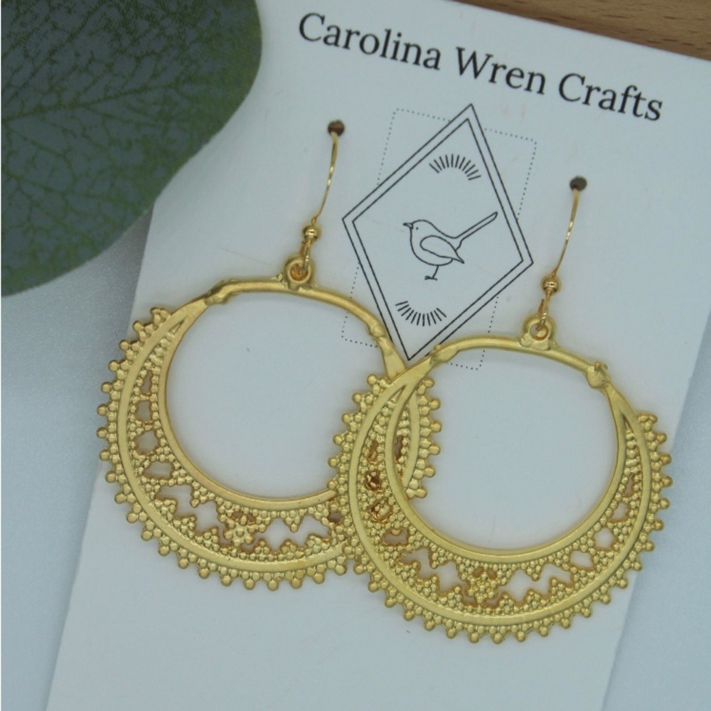 5/$25 Gold Ornamental Round Hoop Decorative Earrings